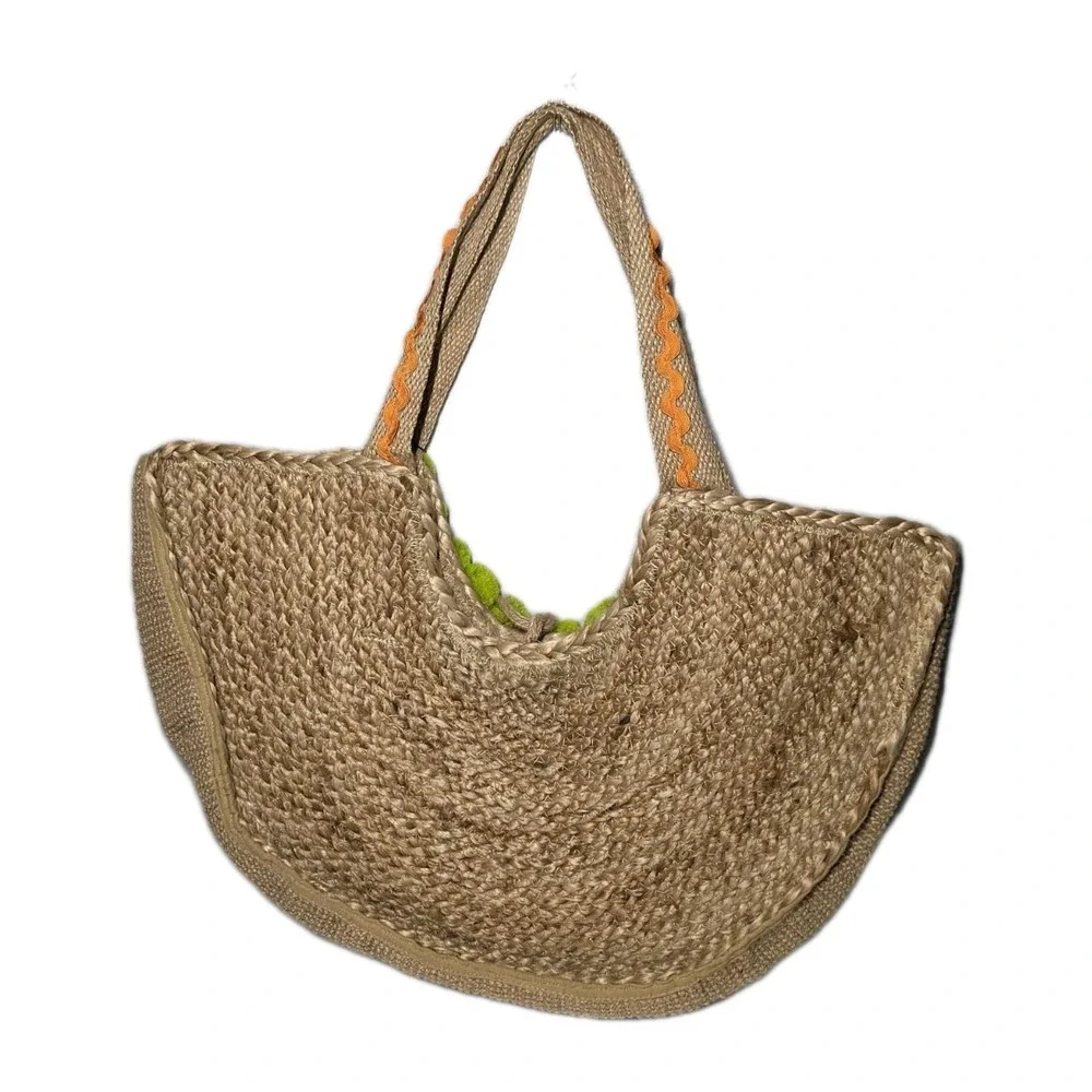 NWT America & Beyond Pom Pom Fiesta Jute Tote Bag Beach Pool - Picture 2 of 9